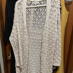Cream Crochet Cardigan Sweater with Geometric Pattern